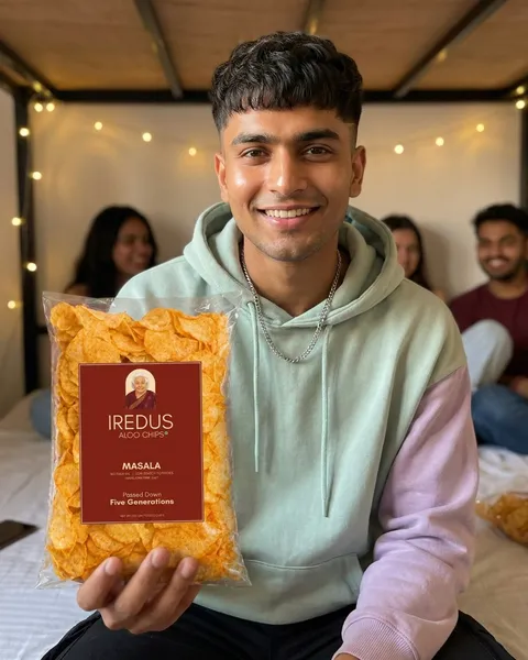 Concept visual: a person holding Iredus Aloo Chips Masala